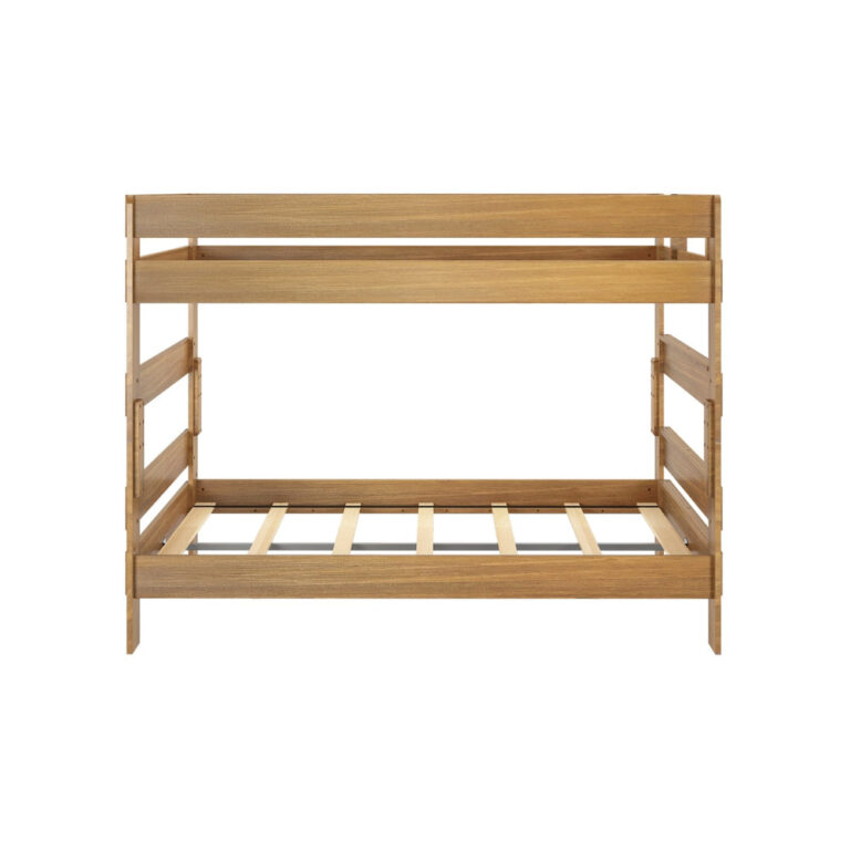 Max And Lily Modern Farmhouse Queen Over Queen Bunk Bed Pecan Side View Max and Lily Modern Farmhouse Queen Over Queen Bunk Bed in Pecan - end view showing both bunk levels and the slatted platform on a white background