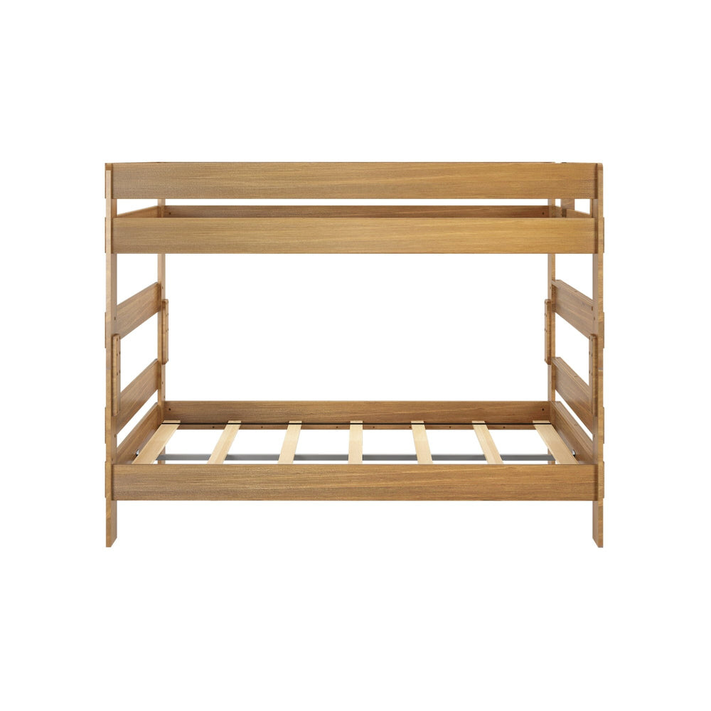 Max and Lily Modern Farmhouse Queen Over Queen Bunk Bed in Pecan - end view showing both bunk levels and the slatted platform on a white background