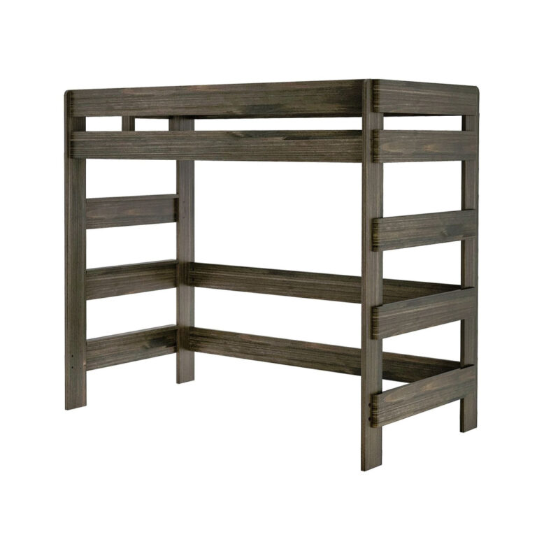 Max And Lily Modern Farmhouse Twin High Loft Bed Barnwood Brown Angle View Max and Lily Modern Farmhouse Twin High Loft Bed in Barnwood Brown - angled studio view on a white background showing the built-in end ladder and open space beneath the tall frame.