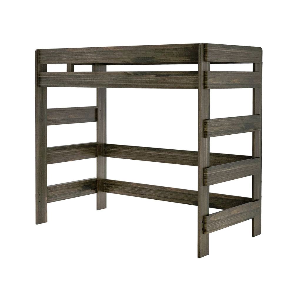 Max and Lily Modern Farmhouse Twin High Loft Bed in Barnwood Brown - angled studio view on a white background showing the built-in end ladder and open space beneath the tall frame.