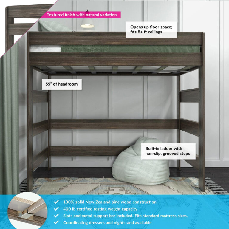 Max And Lily Modern Farmhouse Twin High Loft Bed Barnwood Brown Features Diagram Max and Lily Modern Farmhouse Twin High Loft Bed in Barnwood Brown - front view with callouts noting fifty-five inches of headroom, a built-in non-slip ladder, certified weight capacity and solid pine construction.