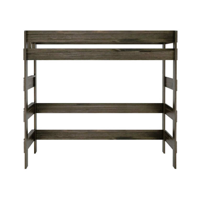 Max And Lily Modern Farmhouse Twin High Loft Bed Barnwood Brown Front View Max and Lily Modern Farmhouse Twin High Loft Bed in Barnwood Brown - straight-on front view on a white background showing the tall frame and safety guardrails.