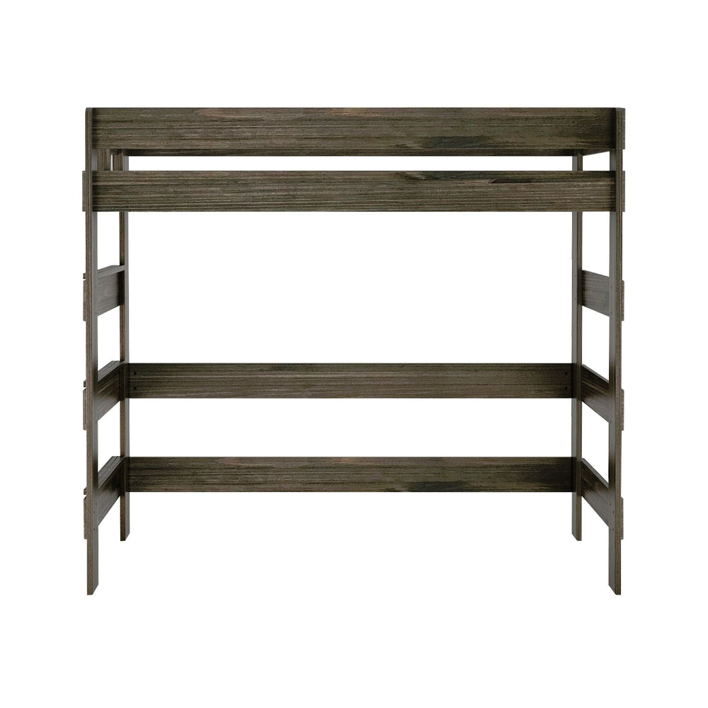 Max and Lily Modern Farmhouse Twin High Loft Bed in Barnwood Brown - straight-on front view on a white background showing the tall frame and safety guardrails.