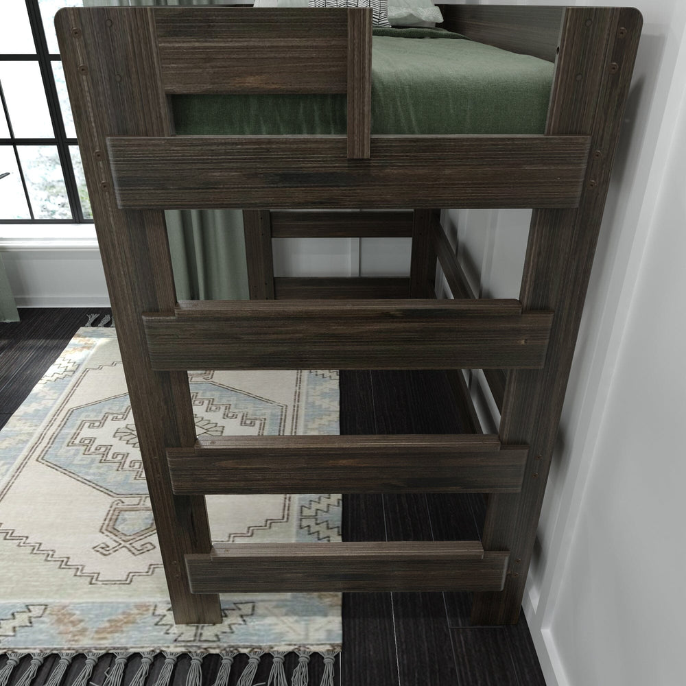 Max and Lily Modern Farmhouse Twin High Loft Bed in Barnwood Brown - close-up of the built-in end ladder with grooved steps beside a window and patterned rug.