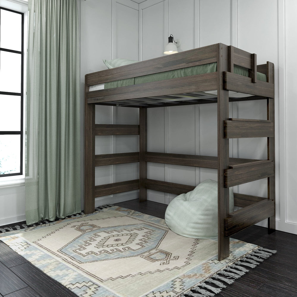 Max and Lily Modern Farmhouse Twin High Loft Bed in Barnwood Brown - angled view in a styled bedroom with green curtains, an area rug and a bean bag chair in the open space beneath the elevated bed.