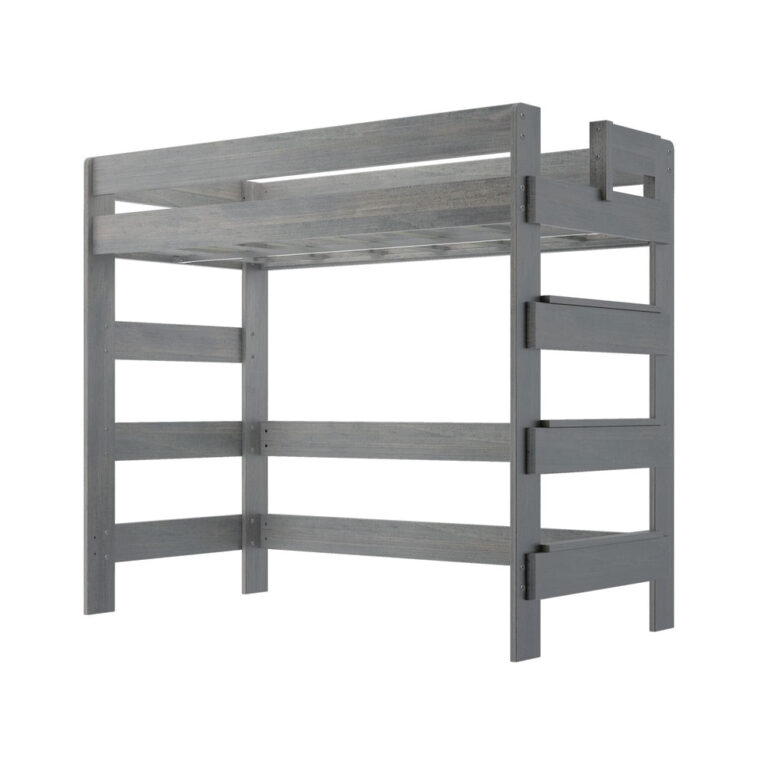Max And Lily Modern Farmhouse Twin High Loft Bed Driftwood Angle View Max and Lily Modern Farmhouse Twin High Loft Bed in Driftwood - angled product view on a white background showing the ladder, guardrails, and slatted support platform.