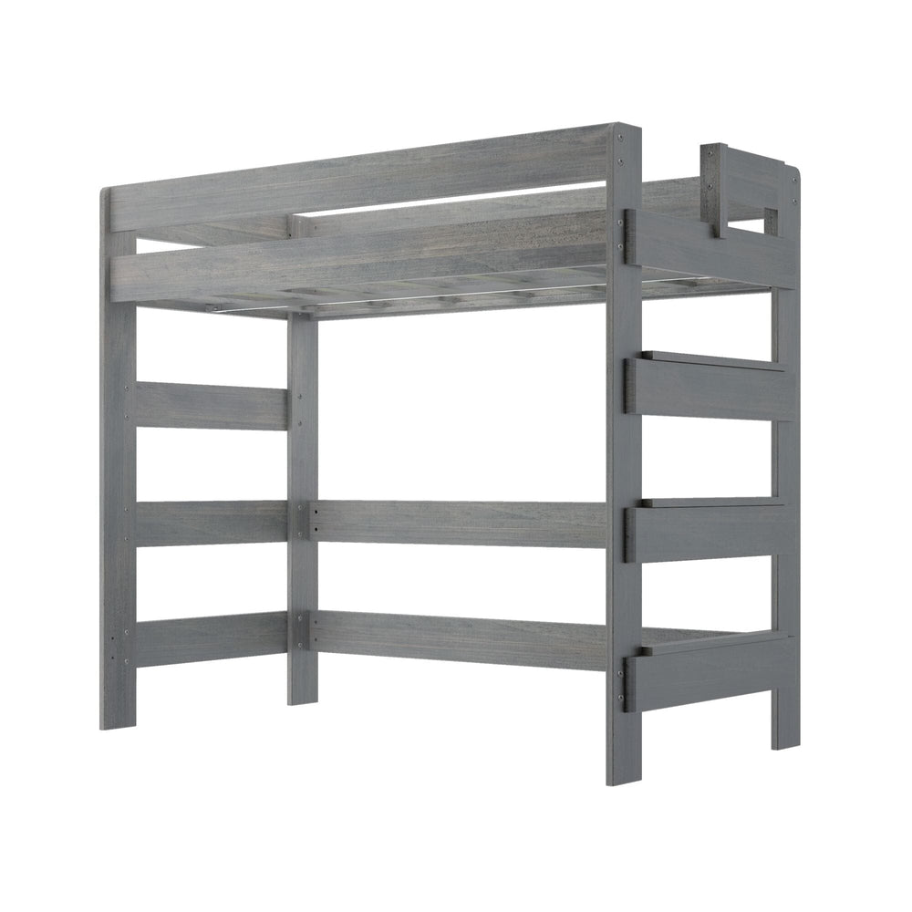 Max and Lily Modern Farmhouse Twin High Loft Bed in Driftwood - angled product view on a white background showing the ladder, guardrails, and slatted support platform.