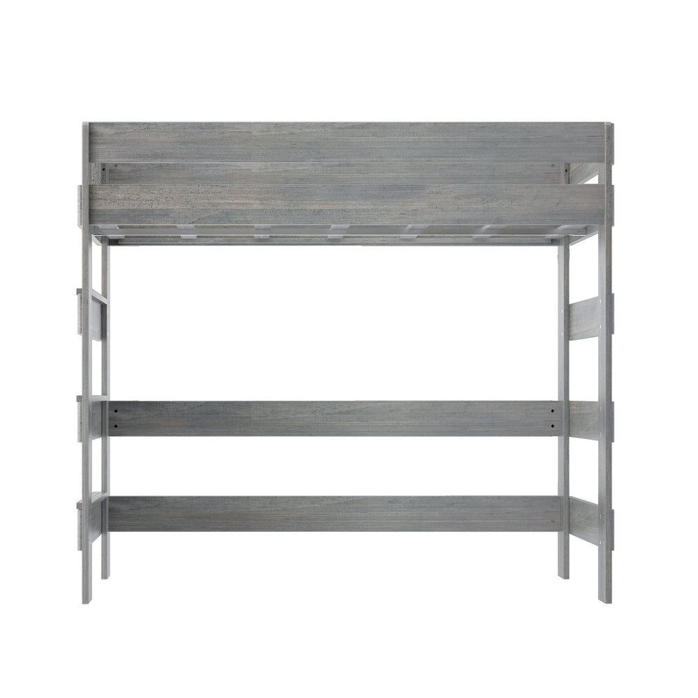 Max and Lily Modern Farmhouse Twin High Loft Bed in Driftwood - straight-on front view on a white background showing the slatted platform and side ladder.