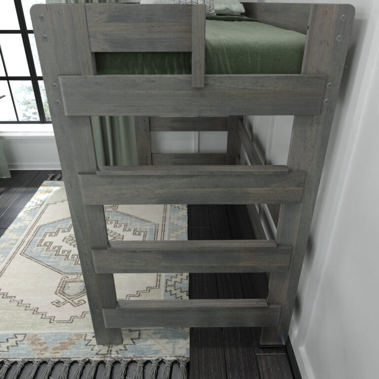 Max And Lily Modern Farmhouse Twin High Loft Bed Driftwood Ladder Detail Max and Lily Modern Farmhouse Twin High Loft Bed in Driftwood - close-up of the built-in end ladder with wide flat rungs next to the made bed.