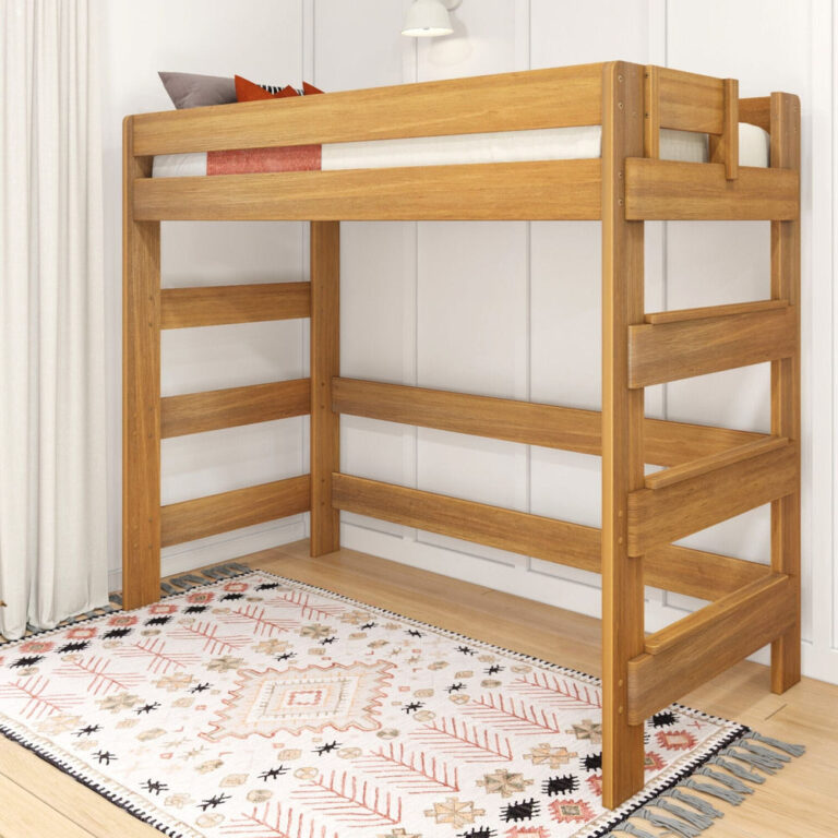 Max And Lily Modern Farmhouse Twin High Loft Bed Pecan Angle View 1 Max and Lily Modern Farmhouse Twin High Loft Bed in Pecan - angled view of the tall loft bed with end ladder in a styled bedroom with patterned rug and curtains