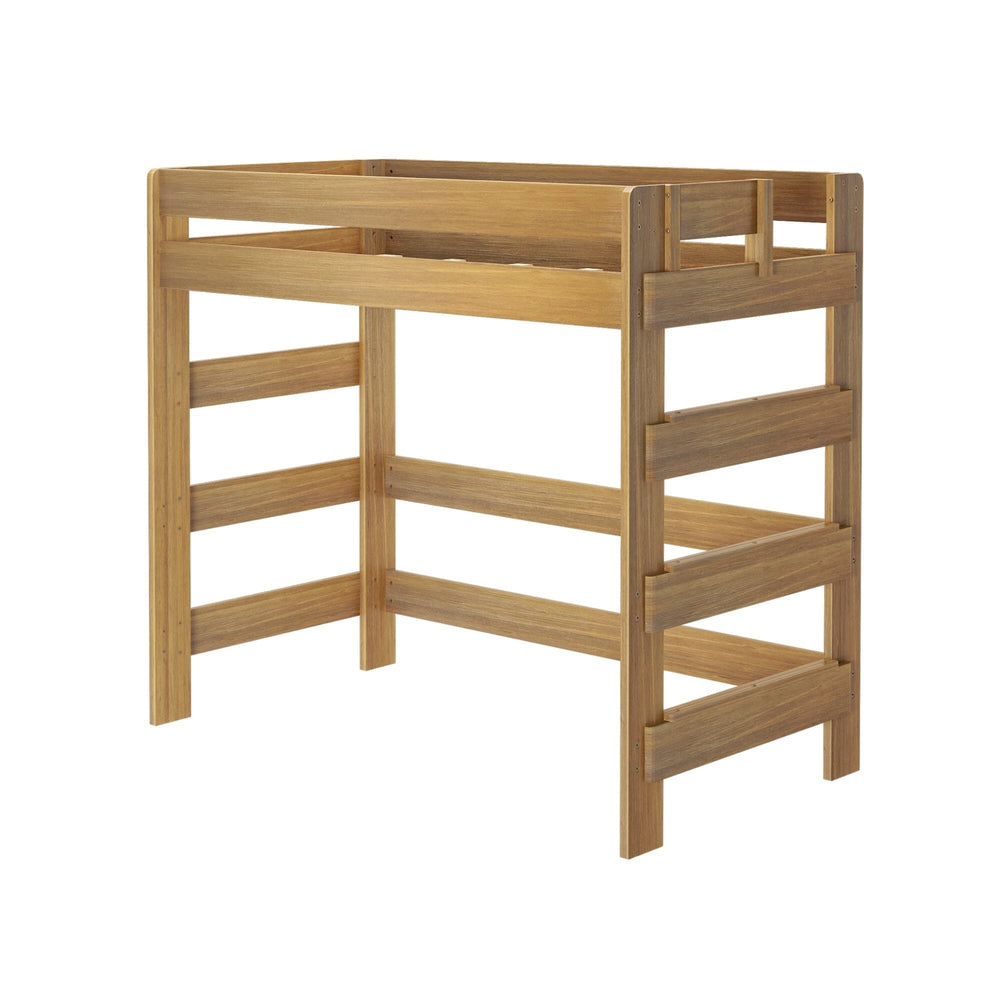 Max and Lily Modern Farmhouse Twin High Loft Bed in Pecan - angled studio view showing the built-in end ladder and open space beneath the frame