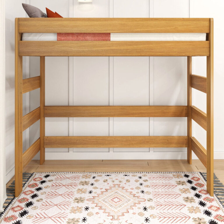 Max And Lily Modern Farmhouse Twin High Loft Bed Pecan Front View 2 Max and Lily Modern Farmhouse Twin High Loft Bed in Pecan - front view of the loft bed with tall guardrails in a styled bedroom