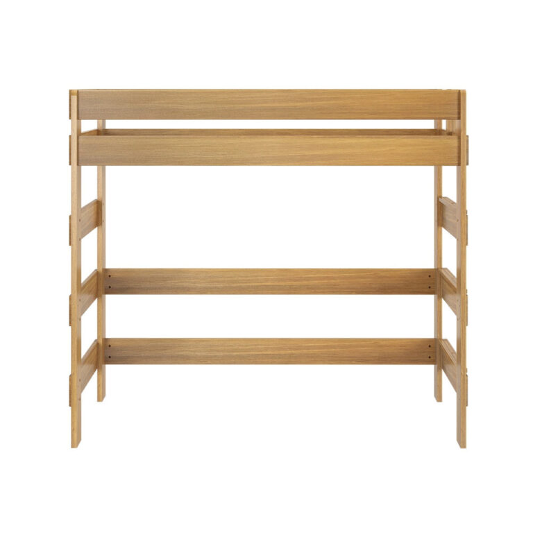 Max And Lily Modern Farmhouse Twin High Loft Bed Pecan Front View 4 Max and Lily Modern Farmhouse Twin High Loft Bed in Pecan - straight-on studio view of the loft bed frame and side rails