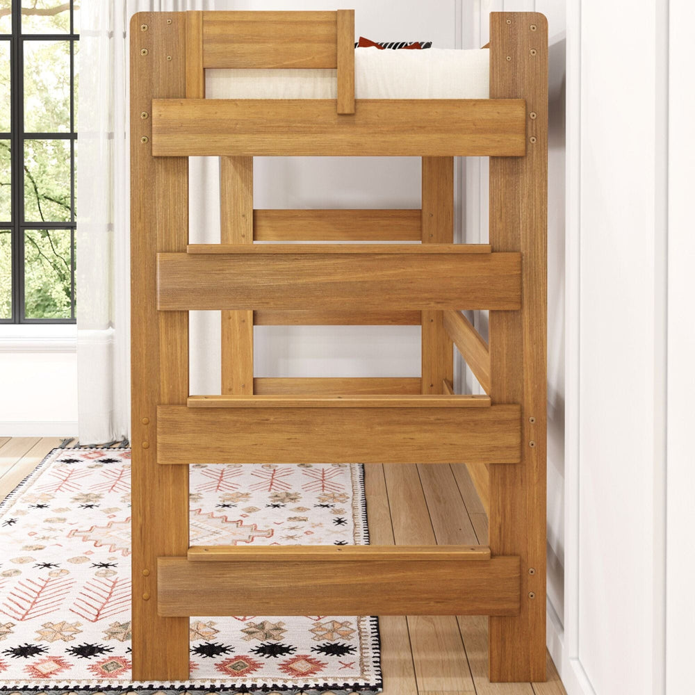 Max and Lily Modern Farmhouse Twin High Loft Bed in Pecan - end view showing the integrated ladder beside a bright window