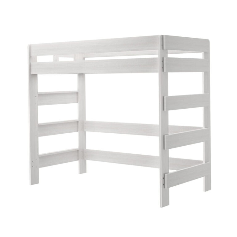 Max and Lily Modern Farmhouse Twin High Loft Bed in White Wash - angled studio view showing the end ladder, side rails, and tall support posts.