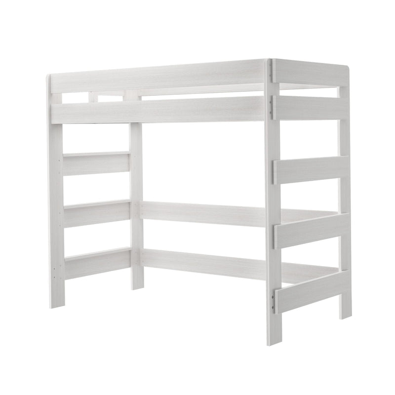 Max and Lily Modern Farmhouse Twin High Loft Bed in White Wash - angled studio view showing the end ladder, side rails, and tall support posts.