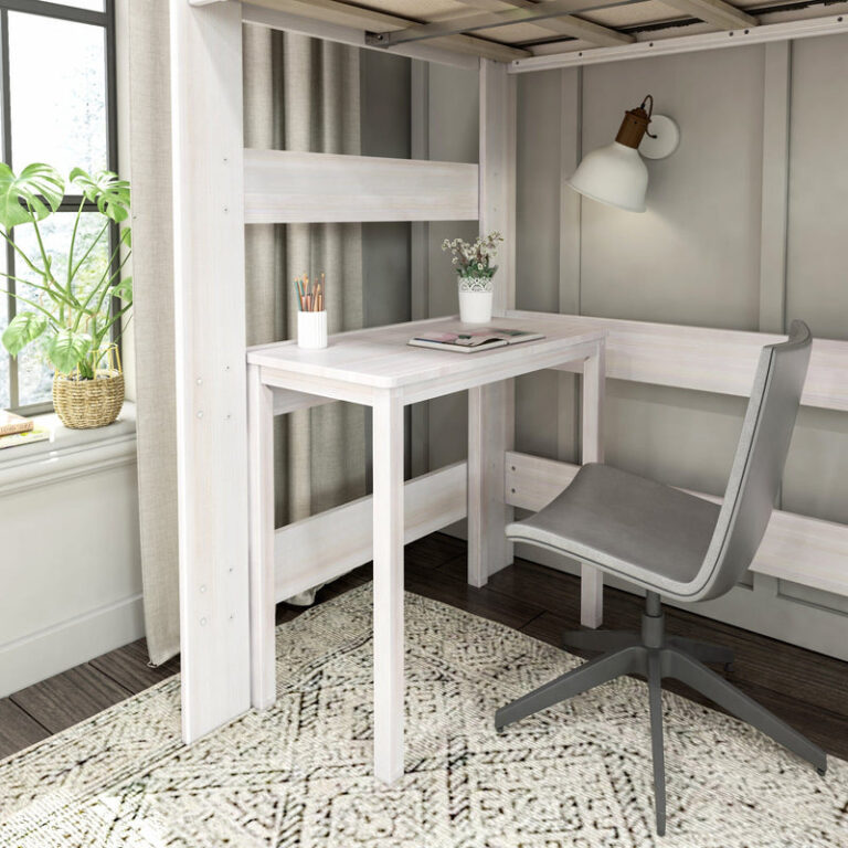 Max And Lily Modern Farmhouse Twin High Loft Bed White Wash Desk Detail Max and Lily Modern Farmhouse Twin High Loft Bed in White Wash - built-in desk with an upper shelf, office chair and plant beneath the loft