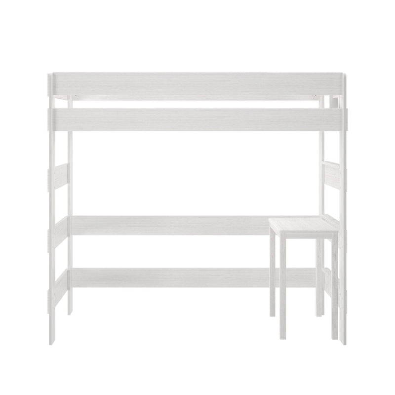 Max and Lily Modern Farmhouse Twin High Loft Bed in White Wash - front view of the frame showing the ladder and attached study desk