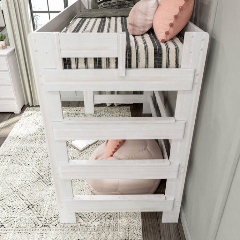 Max And Lily Modern Farmhouse Twin High Loft Bed White Wash Ladder Detail 55016 Max and Lily Modern Farmhouse Twin High Loft Bed in White Wash - close view of the end ladder rungs and safety guardrails at the sleeping level.