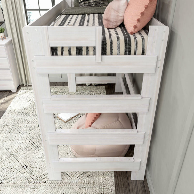 Max and Lily Modern Farmhouse Twin High Loft Bed in White Wash - close view of the end ladder rungs and safety guardrails at the sleeping level.
