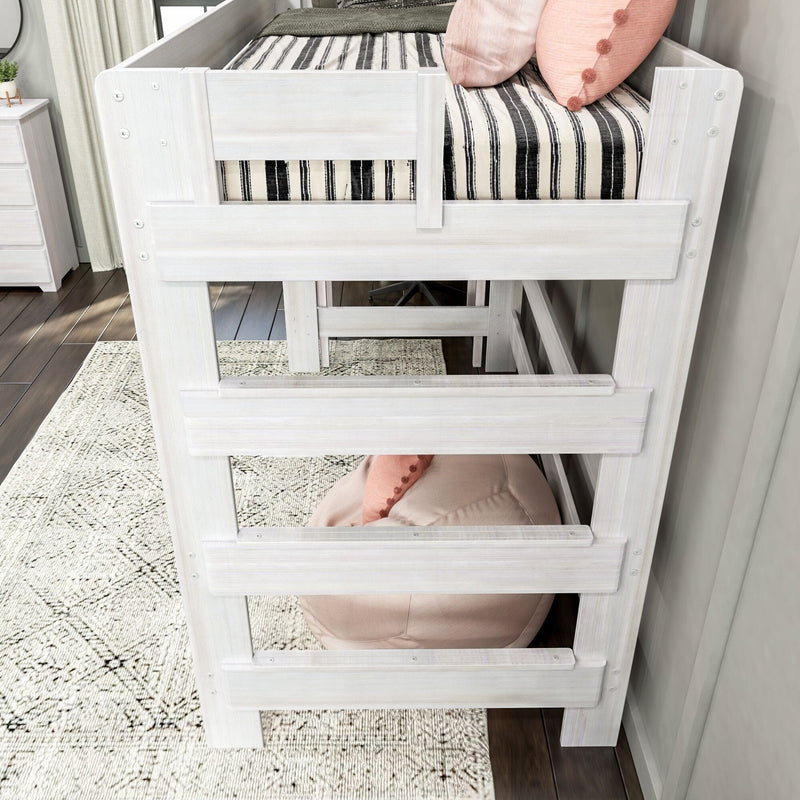 Max and Lily Modern Farmhouse Twin High Loft Bed in White Wash - close-up of the end ladder and safety guardrail on the raised bed