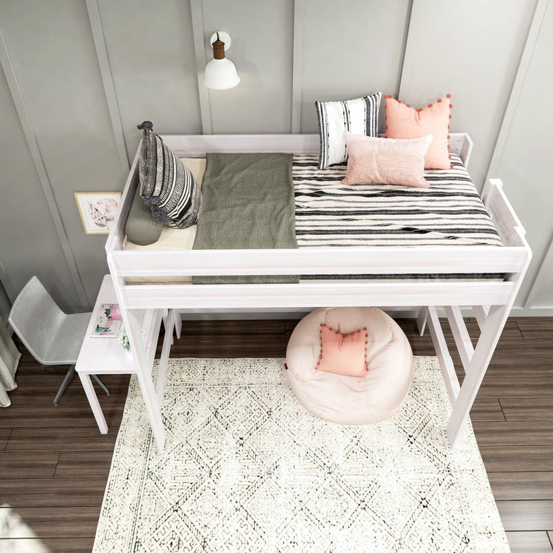 Max and Lily Modern Farmhouse Twin High Loft Bed in White Wash - overhead room view of the made bed with safety guardrails and pillows