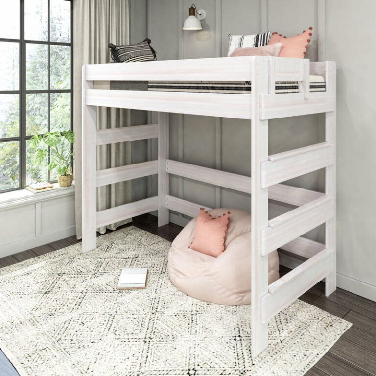 Max and Lily Modern Farmhouse Twin High Loft Bed in White Wash - styled bedroom scene showing the full loft bed with ladder, safety guardrails, and open play space beneath.