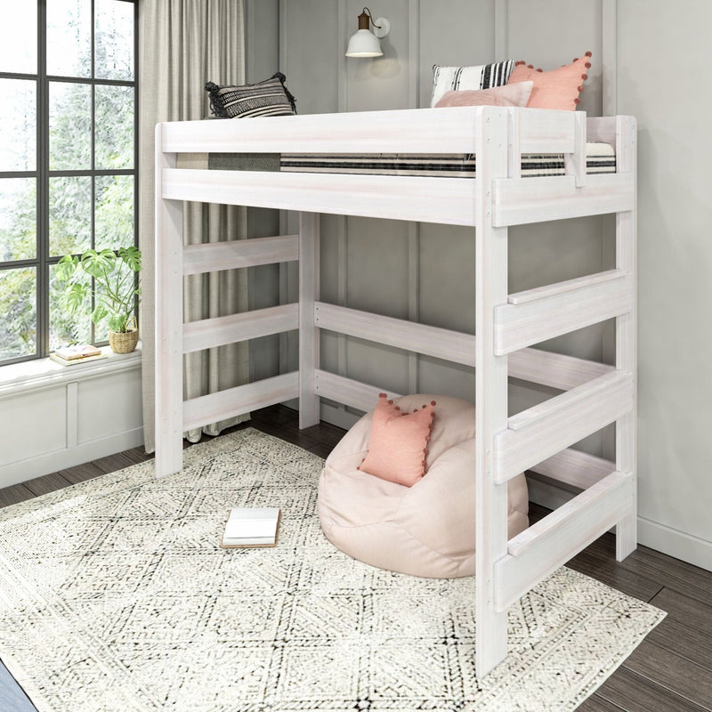 Max and Lily Modern Farmhouse Twin High Loft Bed in White Wash - styled bedroom scene showing the full loft bed with ladder, safety guardrails, and open play space beneath.