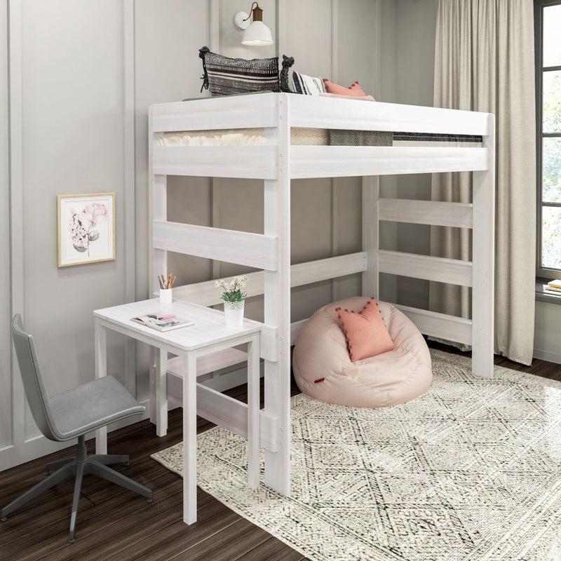 Max and Lily Modern Farmhouse Twin High Loft Bed in White Wash - full room setting with a built-in study desk, ladder, office chair and bean bag under the raised bed
