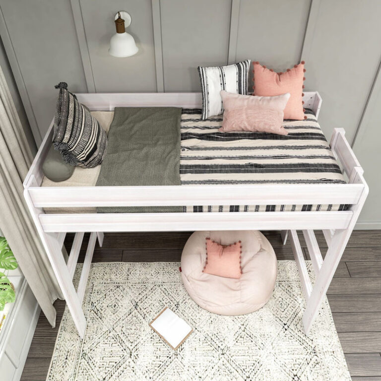 Max And Lily Modern Farmhouse Twin High Loft Bed White Wash Top View Max and Lily Modern Farmhouse Twin High Loft Bed in White Wash - overhead view of the made bed with striped bedding framed by full-length safety guardrails.