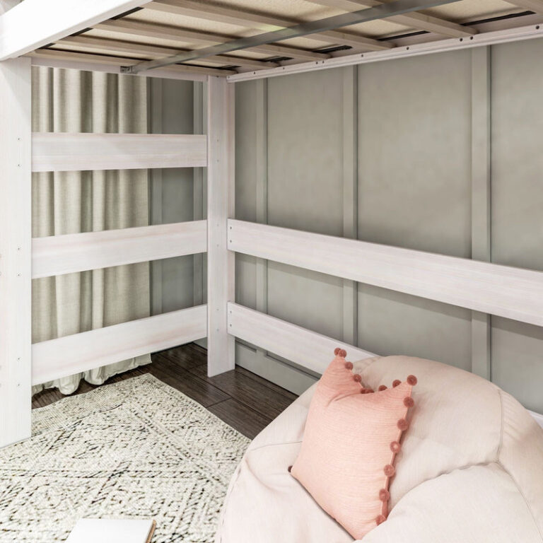 Max And Lily Modern Farmhouse Twin High Loft Bed White Wash Under Bed Space Max and Lily Modern Farmhouse Twin High Loft Bed in White Wash - open space beneath the loft showing the slat underside, curtains, rug, and a beanbag chair.