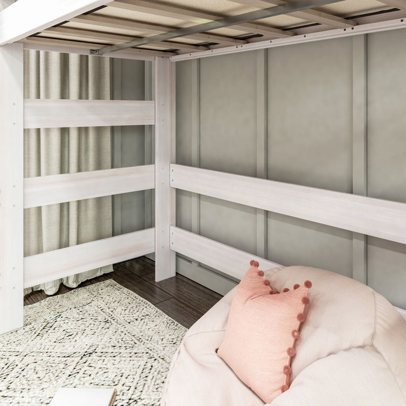 Max and Lily Modern Farmhouse Twin High Loft Bed in White Wash - open space beneath the loft showing the slat underside, curtains, rug, and a beanbag chair.