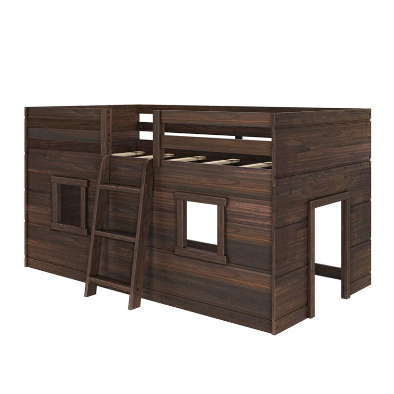 Max And Lily Modern Farmhouse Twin Low Loft Barnwood Brown Angle View Max and Lily Modern Farmhouse Twin Low Loft in Barnwood Brown - angled product view showing the ladder, window cutouts and open under-bed play space