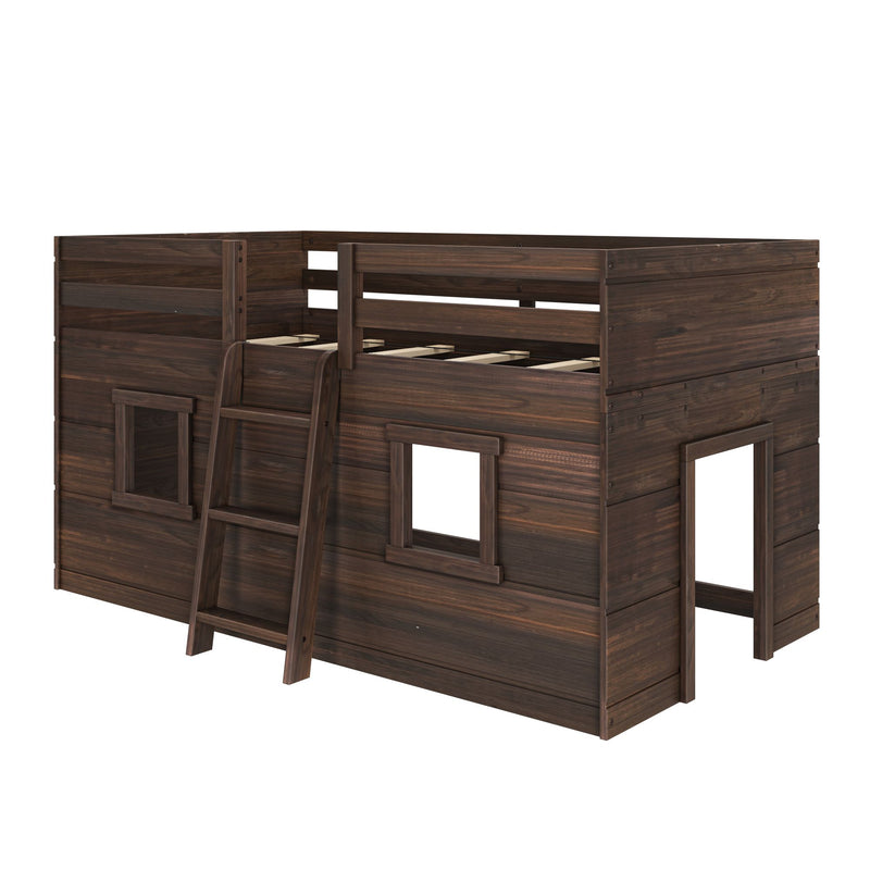 Max And Lily Modern Farmhouse Twin Low Loft Barnwood Brown Angle View Max and Lily Modern Farmhouse Twin Low Loft in Barnwood Brown - angled product view showing the ladder, window cutouts and open under-bed play space