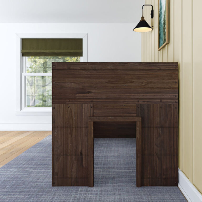 Max And Lily Modern Farmhouse Twin Low Loft Barnwood Brown End View Max and Lily Modern Farmhouse Twin Low Loft in Barnwood Brown - end view in a bedroom with a crawl-through opening beneath the bed