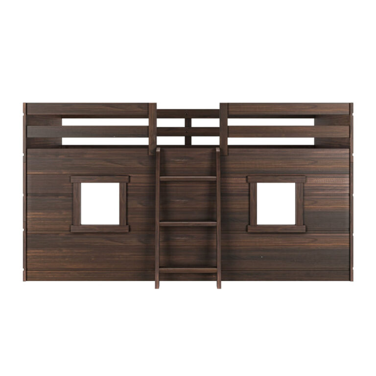 Max And Lily Modern Farmhouse Twin Low Loft Barnwood Brown Front View 4 Max and Lily Modern Farmhouse Twin Low Loft in Barnwood Brown - front product view showing the two playhouse windows and center ladder