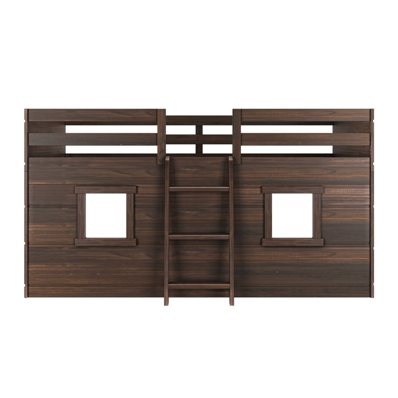 Max And Lily Modern Farmhouse Twin Low Loft Barnwood Brown Front View 4 Max and Lily Modern Farmhouse Twin Low Loft in Barnwood Brown - front product view showing the two playhouse windows and center ladder