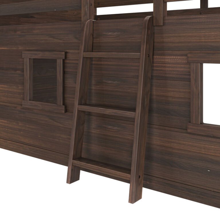 Max And Lily Modern Farmhouse Twin Low Loft Barnwood Brown Ladder Detail 5 Max and Lily Modern Farmhouse Twin Low Loft in Barnwood Brown - close-up of the angled ladder and playhouse window panels