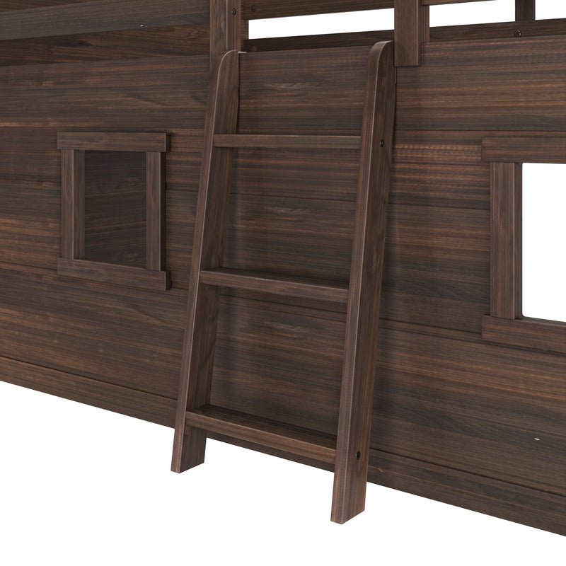 Max And Lily Modern Farmhouse Twin Low Loft Barnwood Brown Ladder Detail 5 Max and Lily Modern Farmhouse Twin Low Loft in Barnwood Brown - close-up of the angled ladder and playhouse window panels