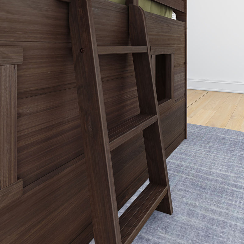 Max And Lily Modern Farmhouse Twin Low Loft Barnwood Brown Ladder Detail 7 Max and Lily Modern Farmhouse Twin Low Loft in Barnwood Brown - close-up of the ladder leaning against the side panel and window cutout