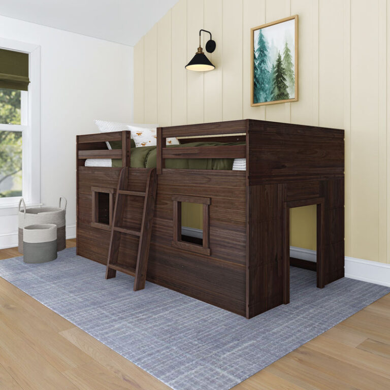 Max And Lily Modern Farmhouse Twin Low Loft Barnwood Brown Room Scene Max and Lily Modern Farmhouse Twin Low Loft in Barnwood Brown - angled view in a styled bedroom with playhouse window cutouts and a slanted ladder