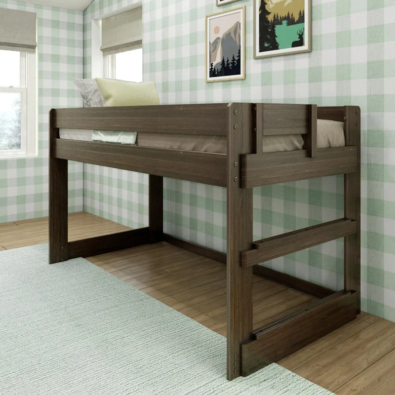 Max and Lily Modern Farmhouse Twin Low Loft Bed - angled view in a kids' bedroom with plaid wallpaper, pillows on the loft, and a side ladder.