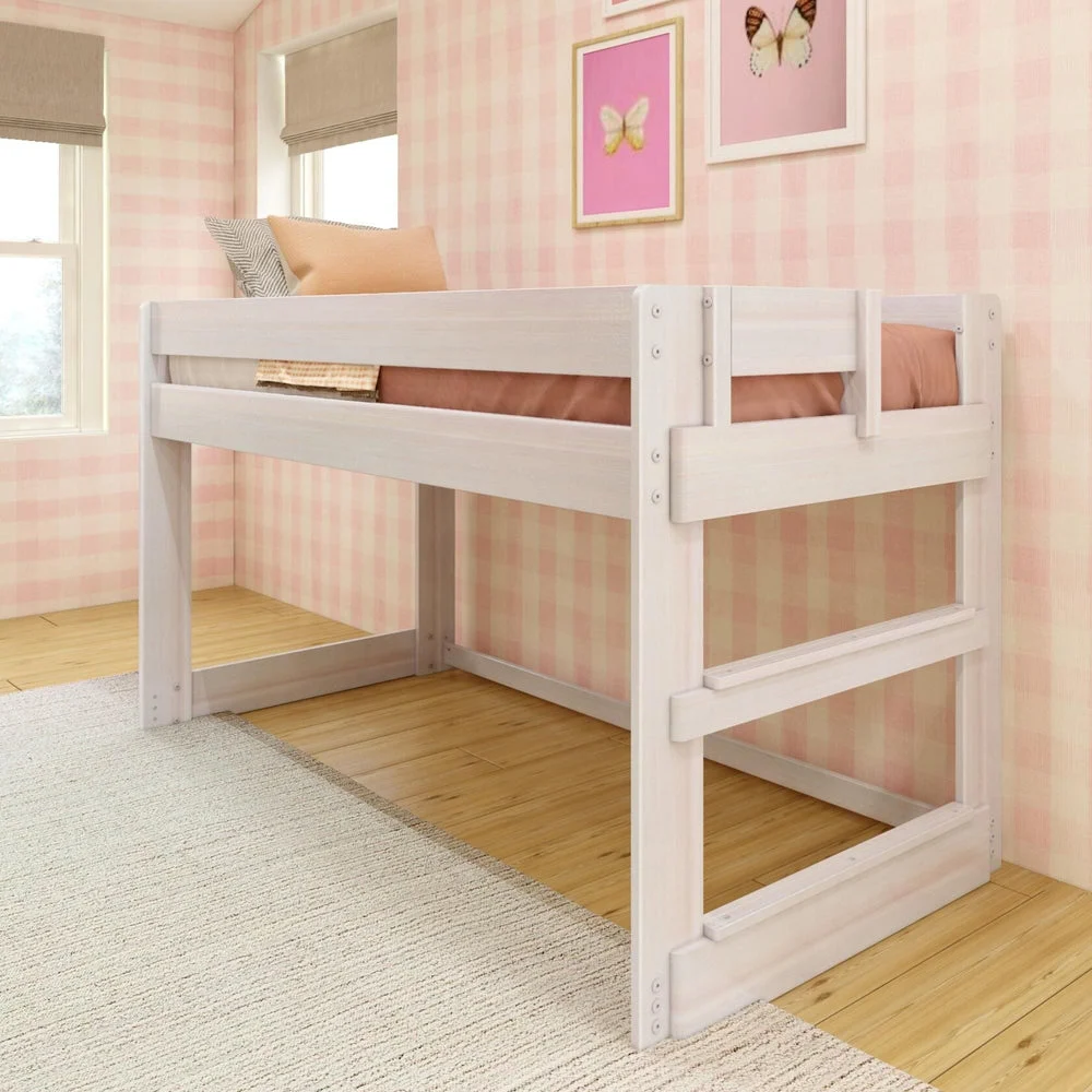 Max and Lily Modern Farmhouse Twin Low Loft Bed - angled view showing the built-in end ladder and the open space beneath the loft in a styled bedroom.