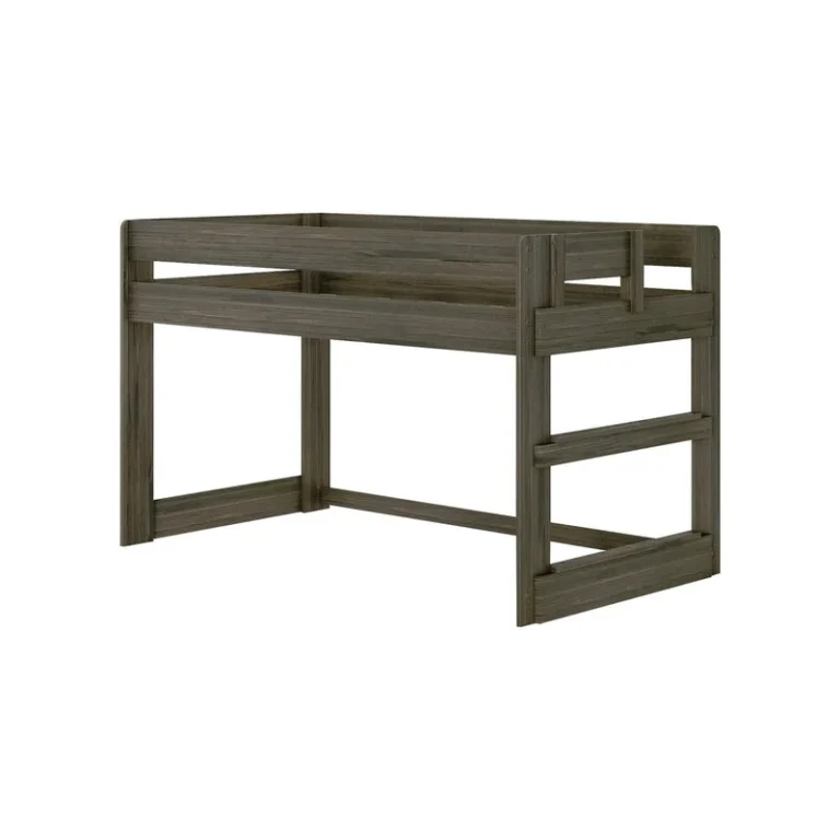 Max And Lily Modern Farmhouse Twin Low Loft Bed Barnwood Brown Angle View 3 Max and Lily Modern Farmhouse Twin Low Loft Bed in Barnwood Brown - angled studio view of the frame with safety guardrails and an end ladder.