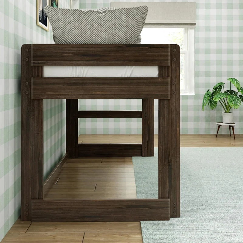 Max and Lily Modern Farmhouse Twin Low Loft Bed in Barnwood Brown - end view in a bedroom showing the open play space beneath the loft.
