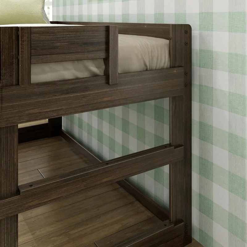Max and Lily Modern Farmhouse Twin Low Loft Bed in Barnwood Brown - close-up of the safety guardrail corner and integrated end ladder.