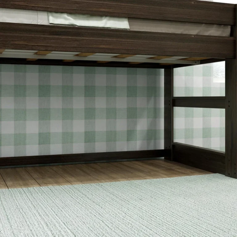 Max And Lily Modern Farmhouse Twin Low Loft Bed Barnwood Brown Under Bed Space Max and Lily Modern Farmhouse Twin Low Loft Bed in Barnwood Brown - close-up of the open space beneath the loft with mattress support slats above.