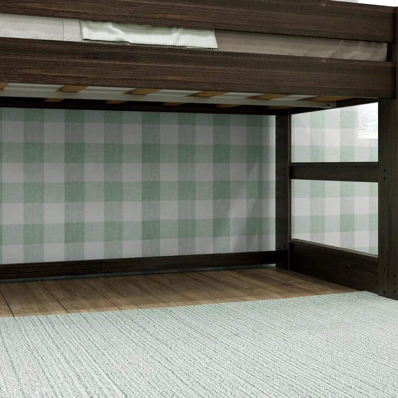 Max and Lily Modern Farmhouse Twin Low Loft Bed in Barnwood Brown - close-up of the open space beneath the loft with mattress support slats above.