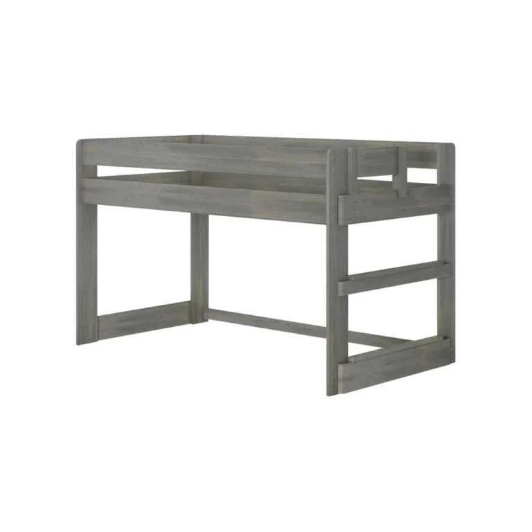 Max And Lily Modern Farmhouse Twin Low Loft Bed Driftwood Angle View 3 Max and Lily Modern Farmhouse Twin Low Loft Bed in Driftwood - studio angle view of the bare frame with its built-in end ladder.
