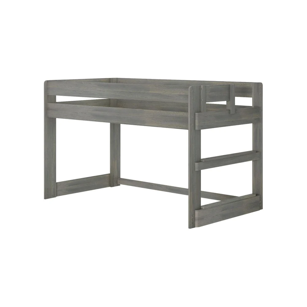 Max and Lily Modern Farmhouse Twin Low Loft Bed in Driftwood - studio angle view of the bare frame with its built-in end ladder.